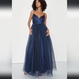NWT Spellbinding Beauty Navy Glitter Sleeveless Tulle Gown XL Lulus Formal